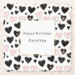 Pink Black Hearts Birthday Paper Coaster<br><div class="desc">Pink Black Hearts Birthday</div>