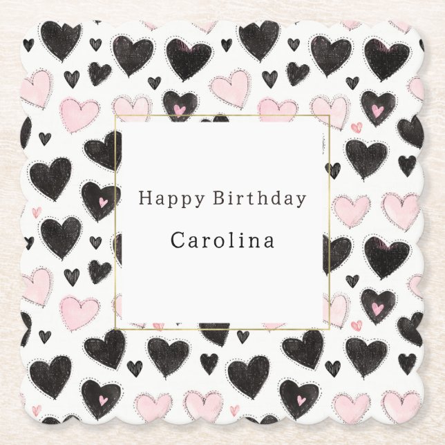 Pink Black Hearts Birthday Paper Coaster (Front)