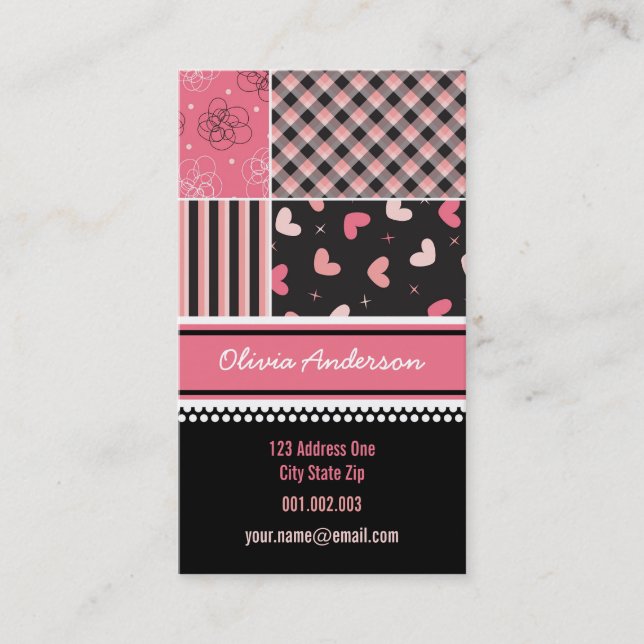 Pink Black Hearts Checks Stripes Plaid Pattern Business Card (Front)