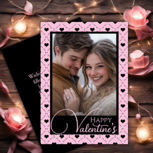 Pink & Black Hearts Happy Valentine's Custom Photo Holiday Card
