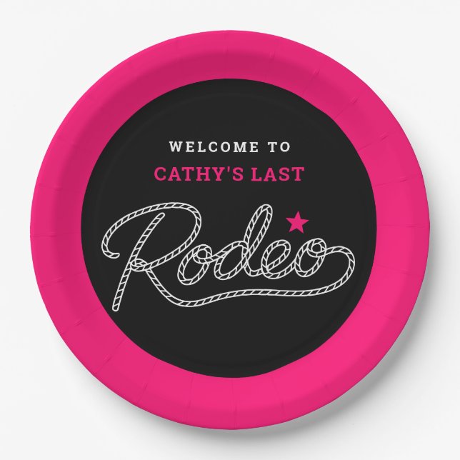 Pink Black Her Last Rodeo Bachelorette Party Paper Plate (Front)