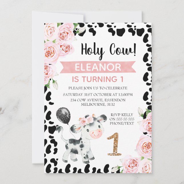 Pink Black Holy Cow Floral Cow Print 1st Birthday Invitation (Front)
