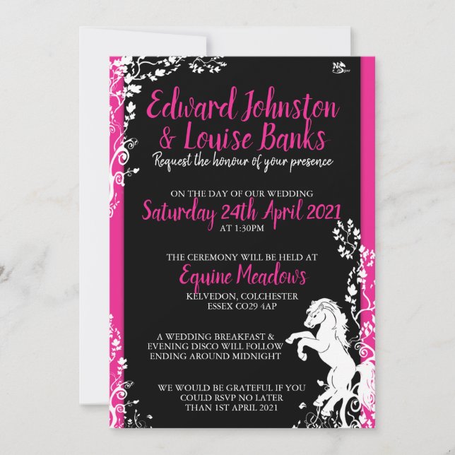 Pink & Black Horse Wedding Invitations (Front)