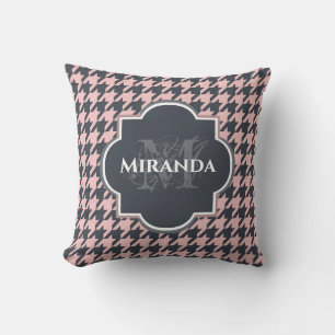 Pink Black Houndstooth Monogram Name Cushion