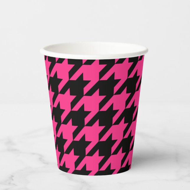 Pink Black Houndstooth Plaid  Paper Cups (Front)