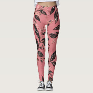 Pink & Black Leaf Pattern Yoga Leggings