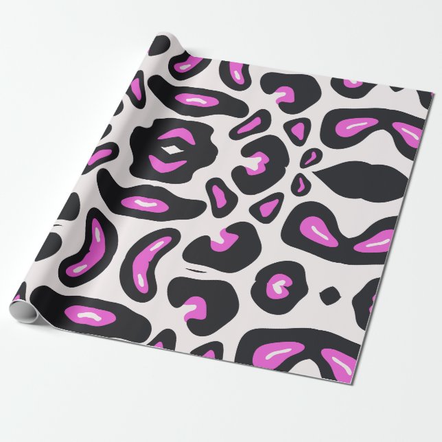 Pink Black Leopard Animal Print Wrapping Paper (Unrolled)