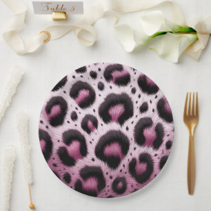 Pink & Black Leopard Fur Animal Print Spots Paper Plate