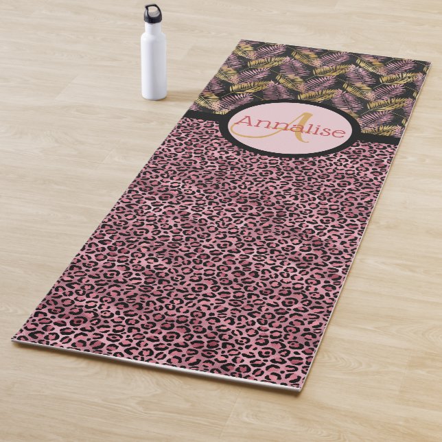 Pink Black Leopard Print and Pink Gold Ferns Yoga Mat (In Situ)