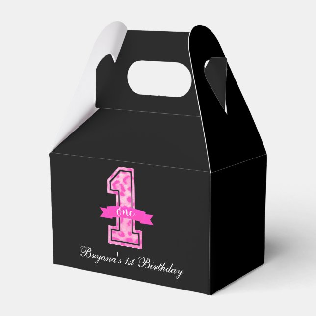 Pink & Black Leopard Print One 1st Birthday Favour Box (Front Side)