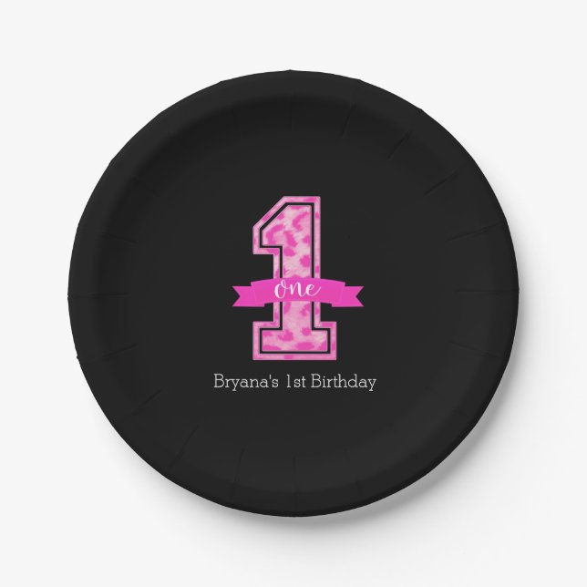Pink & Black Leopard Print One 1st Birthday Party Paper Plate (Front)