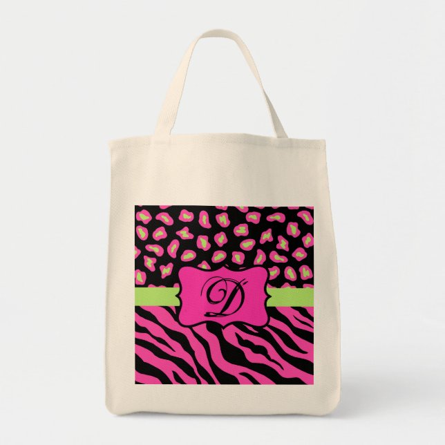 Pink, Black & Lime Green Zebra & Cheetah Skins Tote Bag (Front)