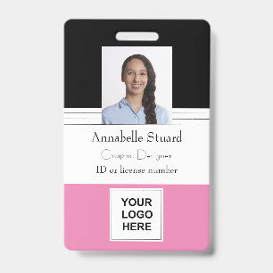 Pink Black Lined Name photo employee corporate ID Badge