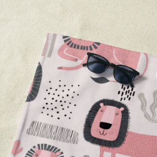 Pink Black Lions Boho Rainbows Beach Towel