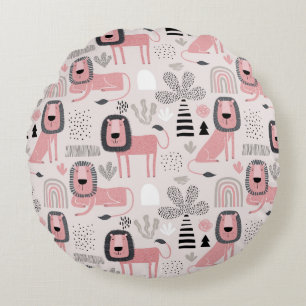 Pink Black Lions Boho Rainbows Modern Round Cushion