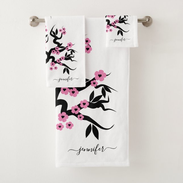Pink black love birds sakura cherry tree, blossoms bath towel set (Insitu)
