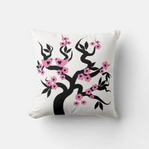 Pink black Love birds sakura cherry tree  blossoms Cushion