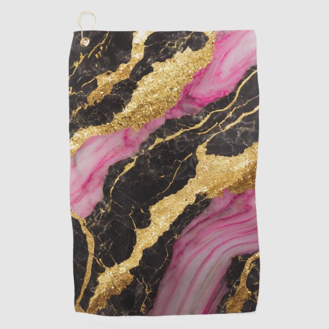 Pink Black Marble Pattern with Gold Golf Towel (Front)