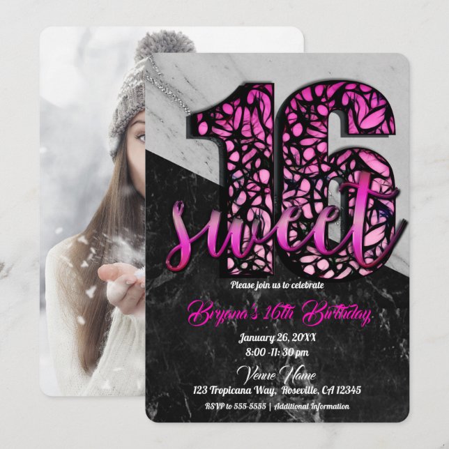 Pink Black Marble Sweet 16 Birthday Party Photo Invitation (Front/Back)