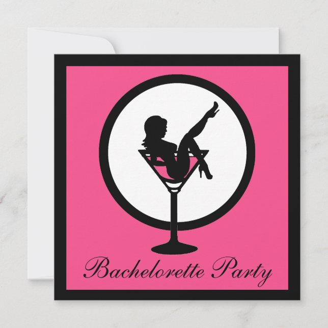 Pink black martini glass girl bachelorette invites (Front)