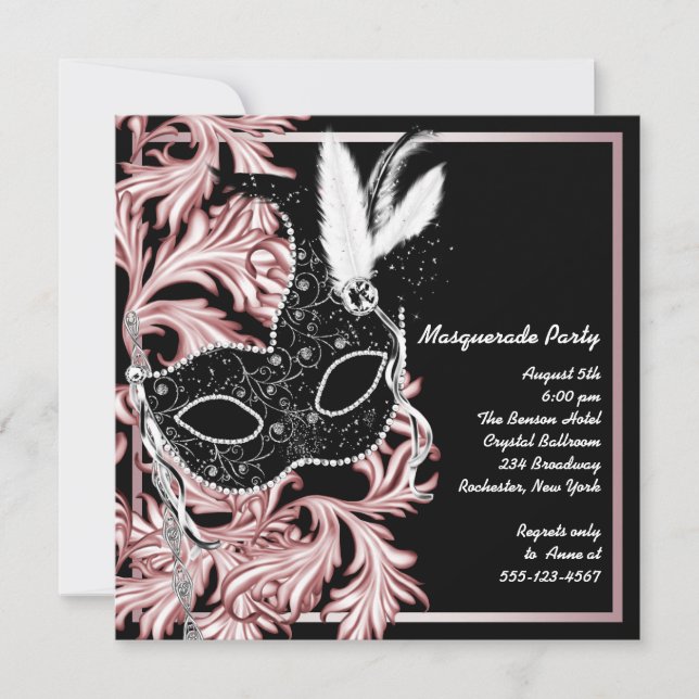 Pink Black Mask Pink Black Masquerade Party Invitation (Front)