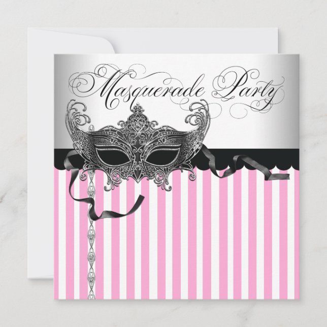 Pink Black Masquerade Party Invitations (Front)