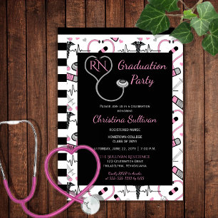 Pink   Black Medical Nurse Graduation Party Invitation