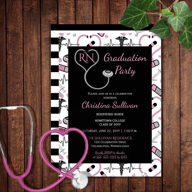 Pink | Black Medical Nurse Graduation Party Invitation (Pink and Black Medical Nurse Nursing Graduation Party Invitation - Print and/or Download)