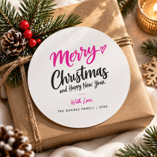Pink Black Merry Christmas Script Typography Classic Round Sticker