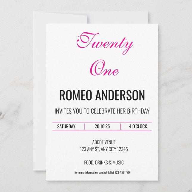 Pink Black Minimalist Birthday Invitation (Front)