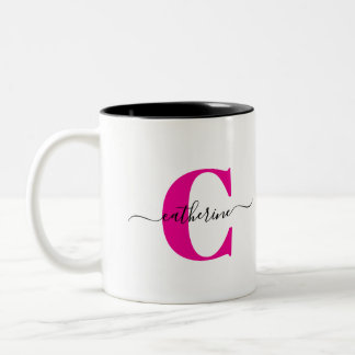 Pink Black Minimalist Elegant Script Monogram Name Two-Tone Coffee Mug