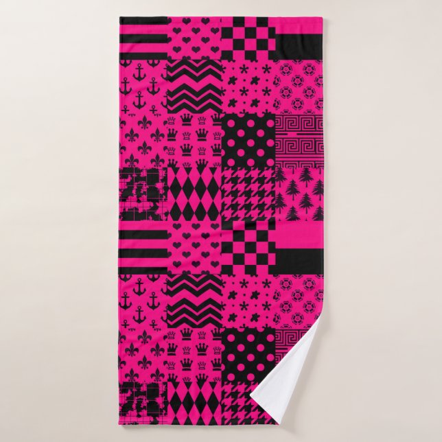Pink Black Mixed Patterns Patchwork Design  Bath Towel (Bath Towel)