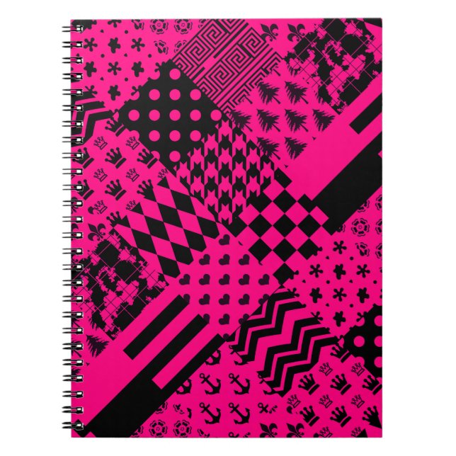 Pink Black Mixed Patterns Patchwork Design  Notebook (Front)