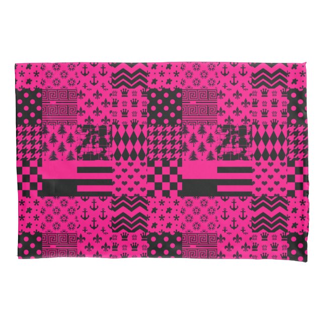 Pink Black Mixed Patterns Patchwork Design  Pillowcase (Front)
