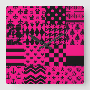 Pink Black Mixed Patterns Patchwork Design  Square Wall Clock