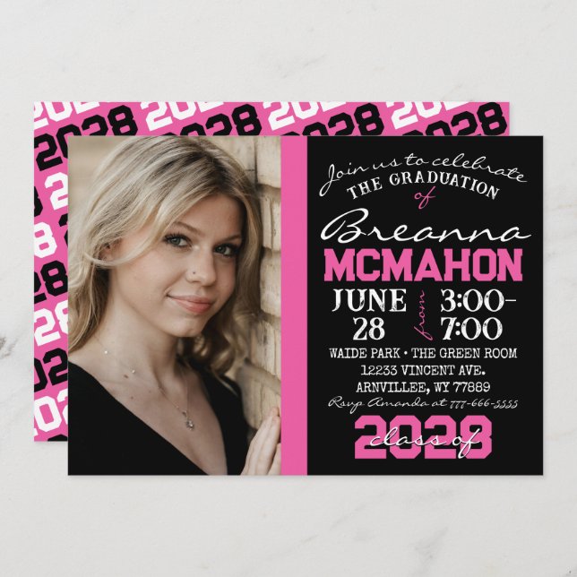 Pink & Black Modern Graduation Photo Invitation (Front/Back)