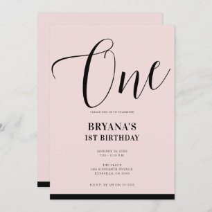 Pink Black Modern Minimal Script ONE 1ST Birthday  Invitation