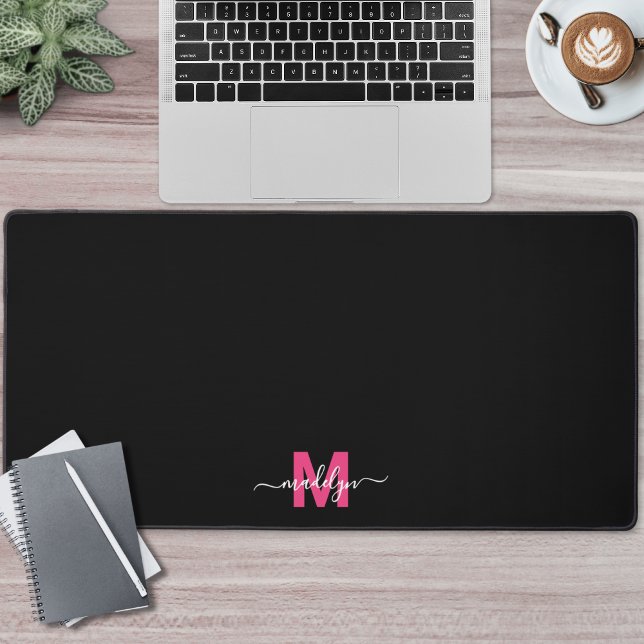 Pink Black Modern Minimalist Name Monogram Desk Mat (Pink Black Modern Minimalist Name Monogram Desk Mat)