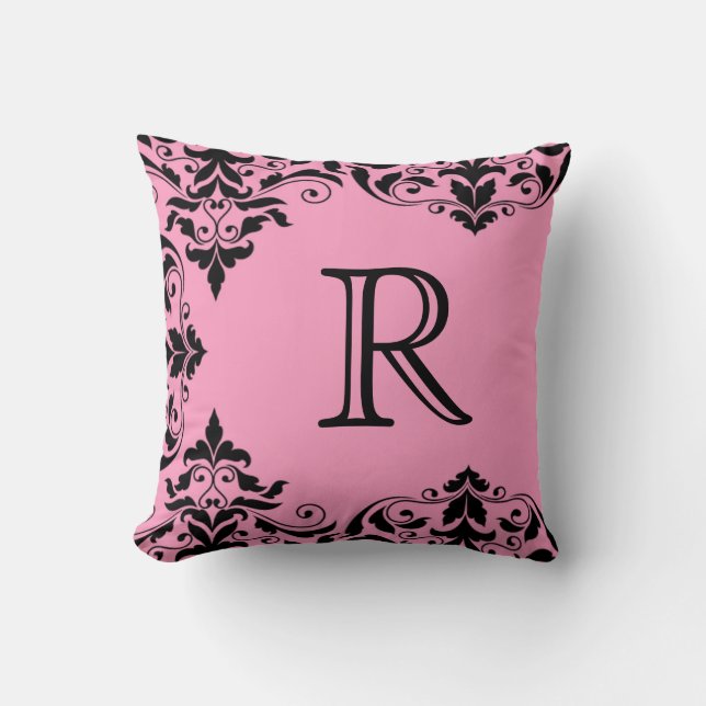 Pink & Black Monogram Damask Pillow (Front)