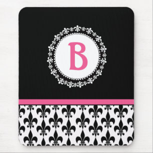 Pink Black Monogram Fleur de Lis Mousepad