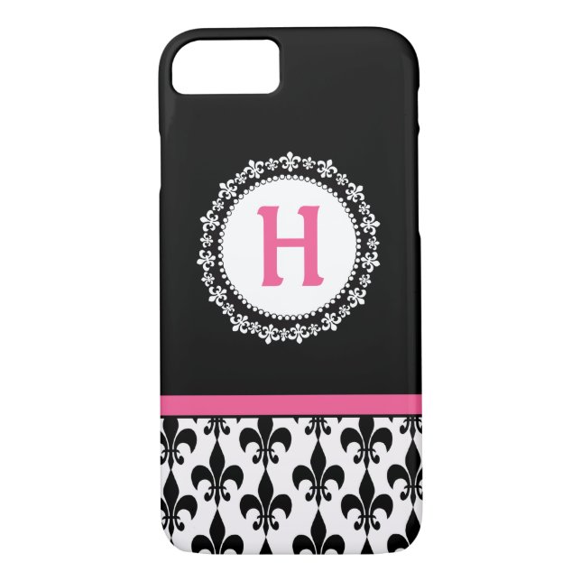 Pink Black Monogram Fleur de Lis Pattern Case-Mate iPhone Case (Back)