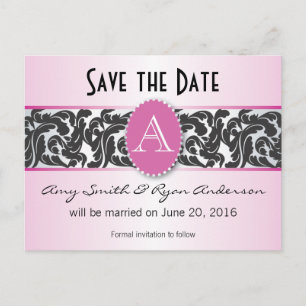 Pink & black monogram vintage save the date announcement postcard
