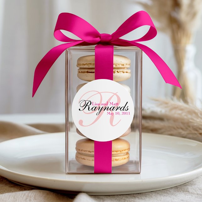 Pink Black Monogram Wedding Classic Round Sticker (Creator Uploaded)