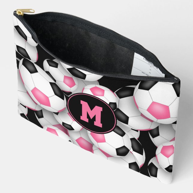 pink black monogrammed soccer balls pattern  accessory pouch (Open)