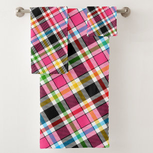 Pink Black Multicolour Flannel Plaid Tartan Bath Towel Set