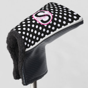 Pink Black Name Initial with Polka Dots Golf Head Cover