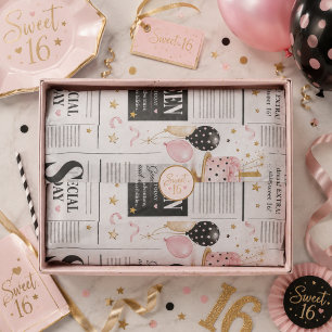 Pink Black Newspaper Sweet 16 4 Photo Custom Birth Tissue Paper