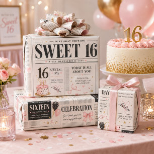 Pink Black Newspaper Sweet 16 Custom Name Birthday Wrapping Paper