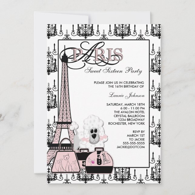 Pink Black Paris Chandelier Sweet Sixteen Party Invitation (Front)