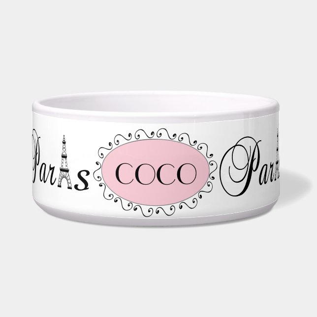 Pink Black Paris Eiffel Tower Name Dog Pet Bowl (Front)
